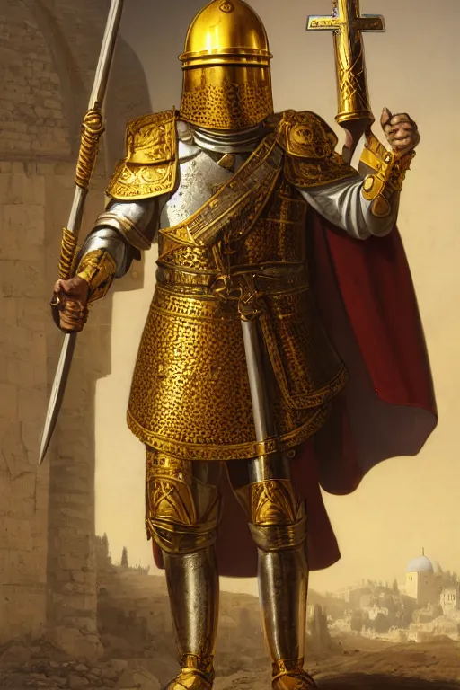 Prompt: man looking forward in decorated with gold baroque style christian crusader armor, cylindrical helmet covering all his face decorated with golden cross on front it's front and white cape covering most of his body standing at the gates of jerusalem drawn by greg rutkowski realistic high detail