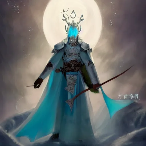 Image similar to a stunningly beautiful portrait of a handsome male snow elf in a turquoise cape and silver ornate armour as an archer, albino skin, pale pointed ears, ethereal opalescent mist, moonlight snow, perfect face, elegant, very coherent symmetrical artwork, atmospheric lighting, rule of thirds, by wenjun lin, krenz cushart, charlie bowater, trending on artstation