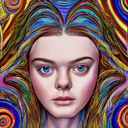 Image similar to professional painting of Elle Fanning in the style of Alex Grey, head and shoulders portrait, symmetrical facial features, smooth, sharp focus, illustration, intricate, stormy weather, extremely detailed masterpiece,