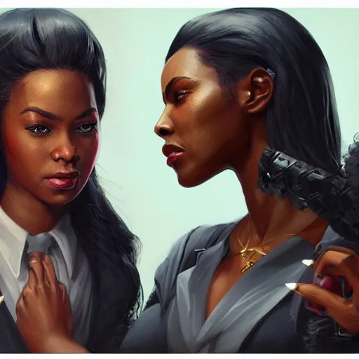 Prompt: confident black female lawyer, D&D, fantasy litigator, portrait, highly detailed, digital painting, trending on artstation, concept art, sharp focus, illustration, art by artgerm and greg rutkowski and magali villeneuve