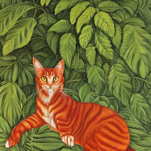 Image similar to a reneissance painting of a red maincoon cat among big green leaves, very detailed, in the style of mantegna