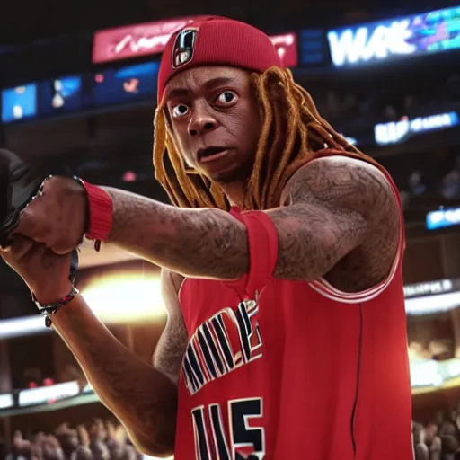 Prompt: a videogame still of lil'wayne in nba 2 k 2 2, ultra detailed, octane render