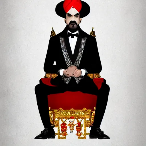 Prompt: the king of india sitting on a throne wearing a black suit and a red fez, detailed masculine face with red lips, black eyes and large forehead, moody atmosphere, digital art, highly detailed, high contrast, beautiful lighting, award winning, trending on art station, photorealistic, 8 k,