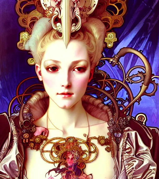 Prompt: realistic detailed face portrait of a young beautiful alien baroque cyberpunk marie antoinette wearing opulent armor by alphonse mucha, ayami kojima, amano, greg hildebrandt, and mark brooks, female, feminine, art nouveau, rococo cyberpunk, neo - gothic, gothic, character concept design