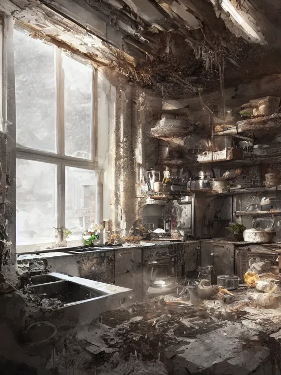 Image similar to sink hole in the kitchen, au naturel, hyper detailed, digital art, trending in artstation, cinematic lighting, studio quality, smooth render, unreal engine 5 rendered, octane rendered