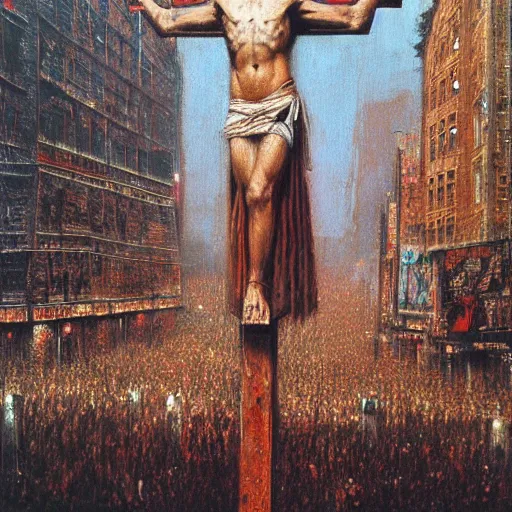 Image similar to the crucifixion of jesus in times square, beksinski style painting, very detailed