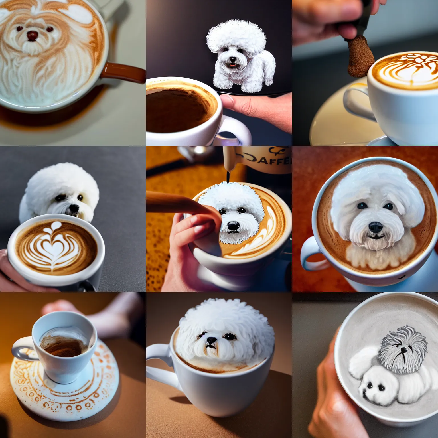 Image similar to a closeup photorealistic photograph of barista drawing bichon frise shaped latte art in a cup. professional capture, well lit shot. this 4 k hd image is trending on artstation, featured on behance, well - rendered, extra crisp, features intricate detail, epic composition and the style of unreal engine.