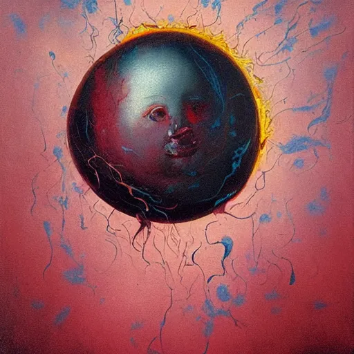 Image similar to a sphere being devoured by abstract splatters of paint in the style of francis bacon, venus being engulfed in flames in front of a female face in the style of james jean, surreal, beksinski, high detailed