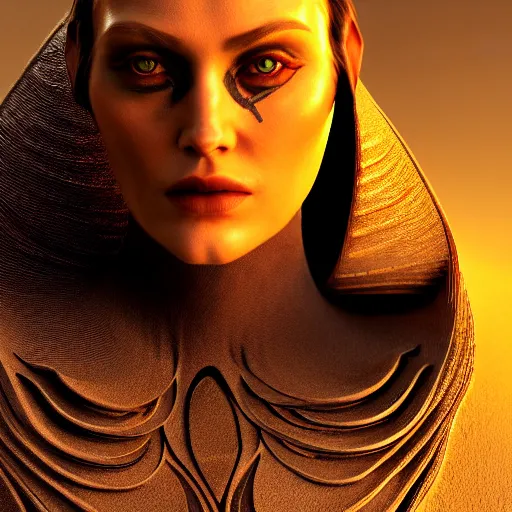 Image similar to dune movie inspired avant-garde art, deco fashion, highly detailed, photorealistic portrait, bright studio setting, studio lighting, crisp quality and light reflections, unreal engine 5 quality render