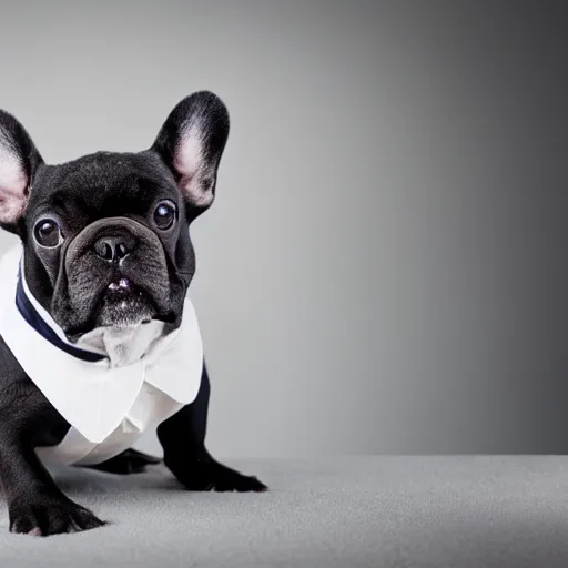 Image similar to french bulldog wearing businessman attire, studio lighting