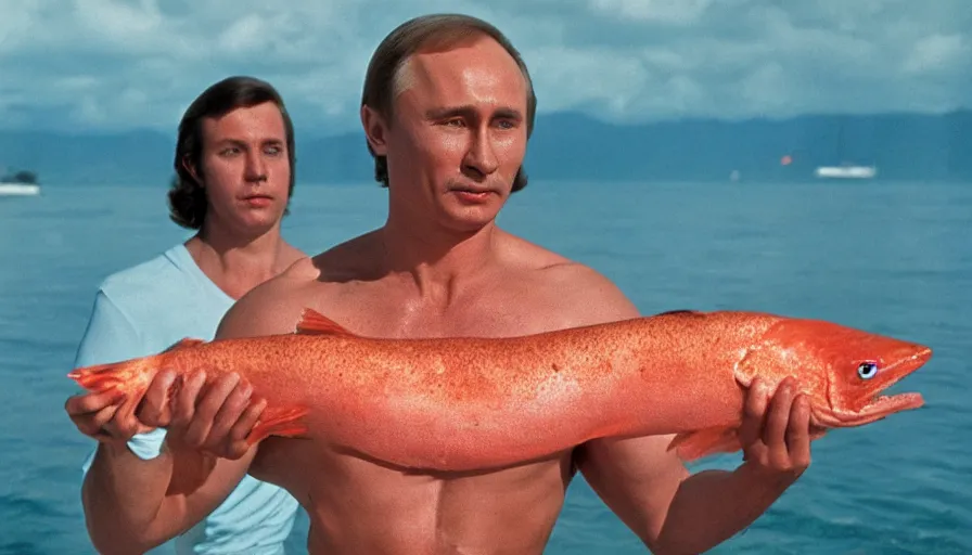 Image similar to 7 0 s movie still of putin in speedo, proudly holding a salmon, focus on eyes. cinestill 8 0 0 t _ 3 5 mm eastmancolor, heavy grain, high quality, high detail