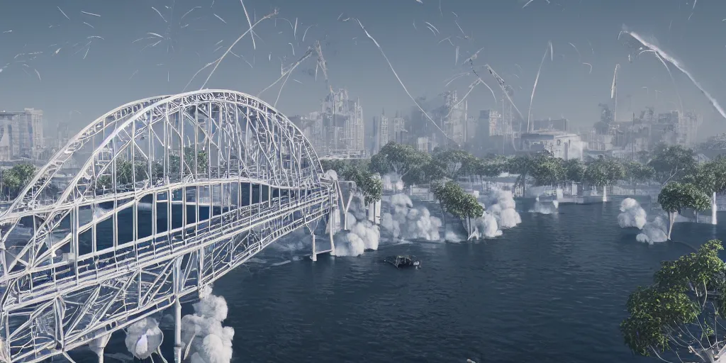 Image similar to explosions in the form of realistic white cotton plants on harbour bridge, huge white cotton everywhere on the destroyed harbour bridge, smooth, sharp focus, highly detailed, 3 d octane render, epic lighting, lots of white cotton, 8 k, by miyazaki