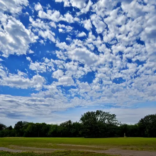 Prompt: a photo of the sky, there are puffy clouds and prismatic cracks crisscrossing the sky