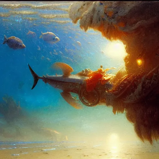 Image similar to point of view of deep in the ocean looking up, you see fishes, higher up you see the splendorous milk way illuminating the sea. highly detailed painting by gaston bussiere, greg rutkowski 8 k