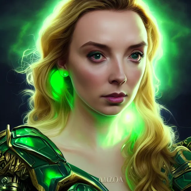 Image similar to close up portrait of jodie comer wearing shiny emerald armor, glowing blonde hair, glowing green eyes, glowing green armor, subsurface scattering, ethereal, artistic, temple background with light rays, fantasy atmosphere. art by artgerm, greg rutkowski and alphonse mucha, 3 d artstation octane render,