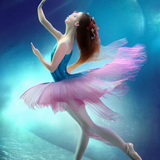 Image similar to a beautiful hyperdetailed rendering of a beautiful underwater ballerina lyrical dancer with flowy dress like a beta fish fins, weightless, flowy, deep color, fine bubbles, cryengine, 8 k, extreme detail, realism, realistic, surrealist