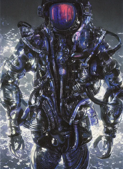 Image similar to astronauts divers in dark void underwater - complex and hyperdetailed technical suit design. reflection and dispersion materials. rays and dispersion of light. volumetric light. f / 3 2. noise film photo. flash photography. ultra realistic, 5 0 mm. poster by wayne barlowe, hajime sorayama aaron horkey, craig mullins