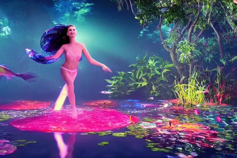 Image similar to ethereal glowing goddess dancing on a pond in the jungle surrounded by colorful glowing flying fish at night cinematic by Ridley Scott