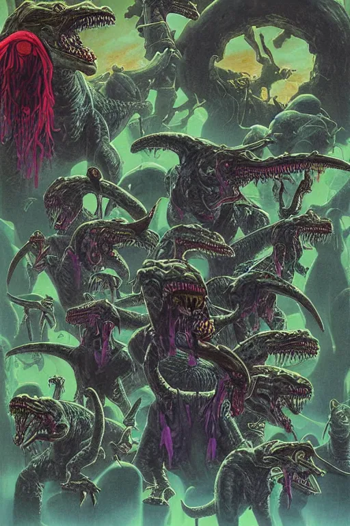 Prompt: Artwork by Tim White of the cinematic view of The Tyrannosaurus Shamaness Donnelle the Evil genius, master of Techno-Arcana, and their ugly pack of sprites and murderous blink dogs, who plan to to be known as the most dashing rogues in the land.