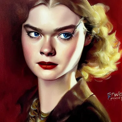 Image similar to ultra realistic portrait painting of elle fanning as a western outlaw, art by frank frazetta, 4 k, ultra realistic, highly detailed, epic lighting