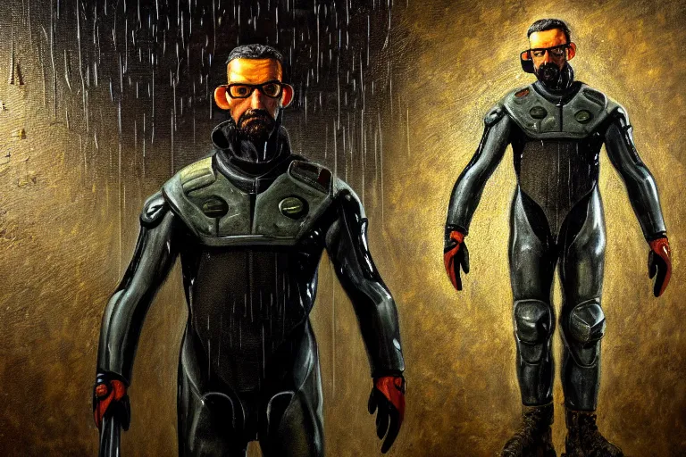 Image similar to photorealistic oil painting of gordon freeman in a damaged, scratched and worn down hev suit, night, rain, dense fog, dark room, cinematic, volumetric lighting, f 8 aperture, cinematic eastman 5 3 8 4 film, photorealistic