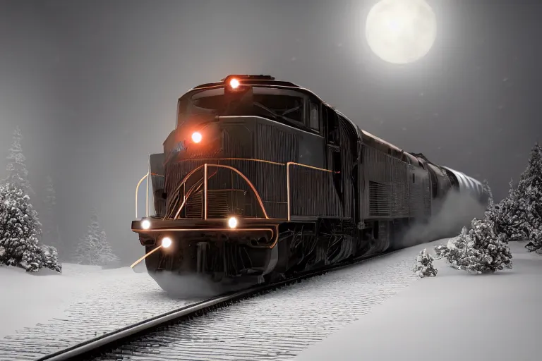 Prompt: an old locomotive rushing through snow storm in high speed, white steam on the side, dark smoke with fire! from the pipes, dynamic angled shot, speed lines, fire particles and snowflakes everywhere, 8 k, hyperrealistic, ultra sharp, octane render, unreal engine, artstation, very detailed, 1 6 k, eerie moon eclipse cinematic scenery