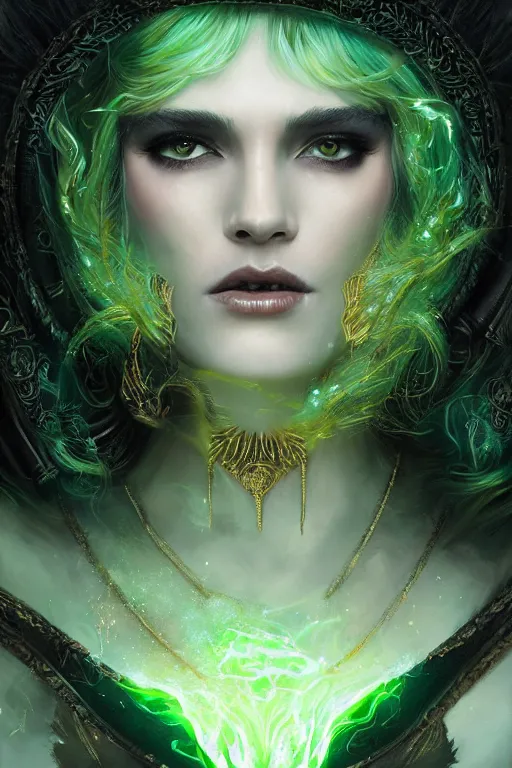 Image similar to a close - up portrait of a hauntingly beautiful sorceress wearing a black robe with gold embroidery, casting a spell, green glows, painted by artgerm and tom bagshaw, highly detailed digital art