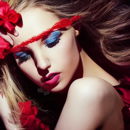 Image similar to beautiful portrait of fashion model in red silk underwater