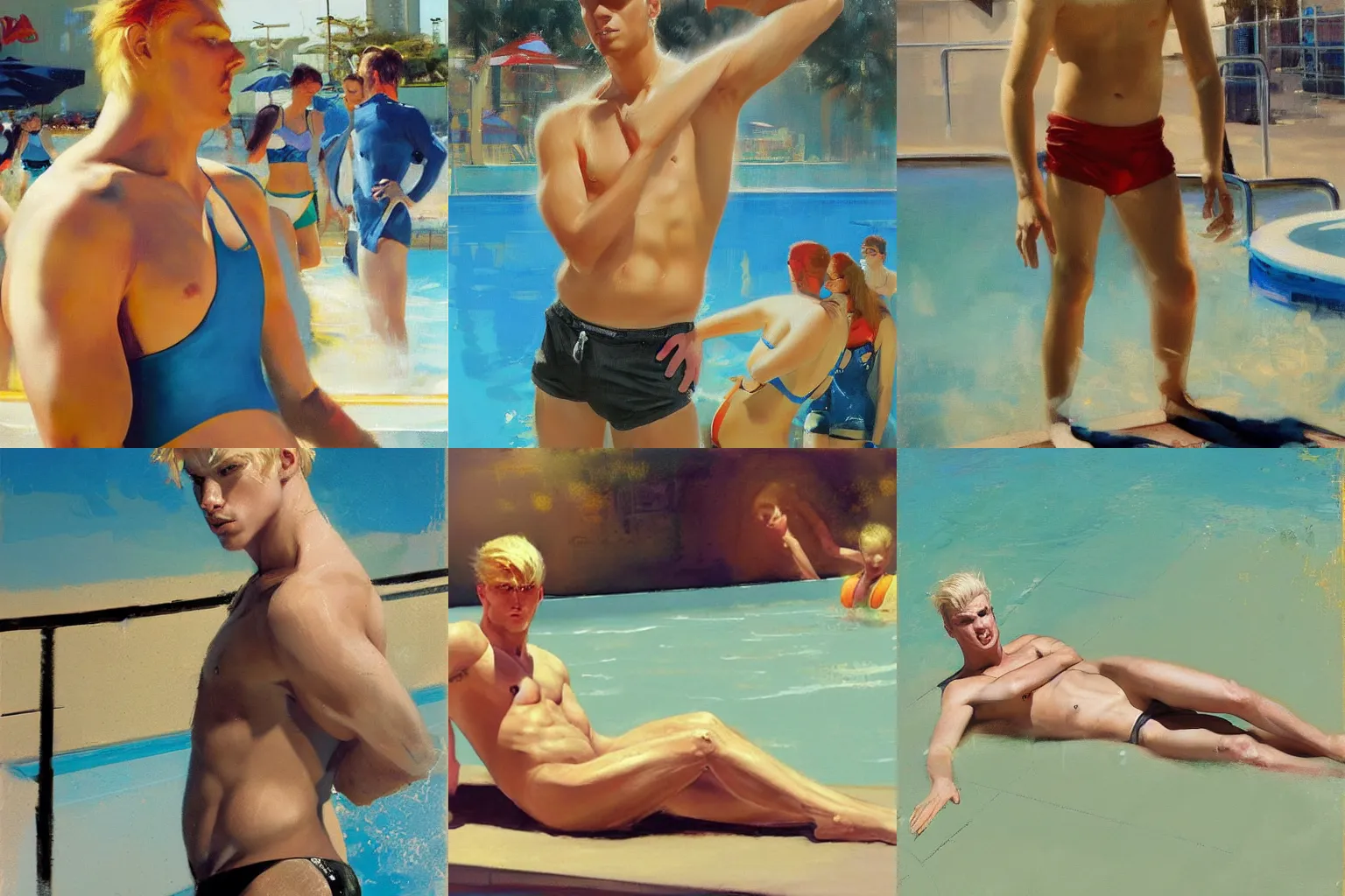 Prompt: a lean young blond man in a swimsuit at a water park. By Phil Hale and Ruan Jia. Masterpiece