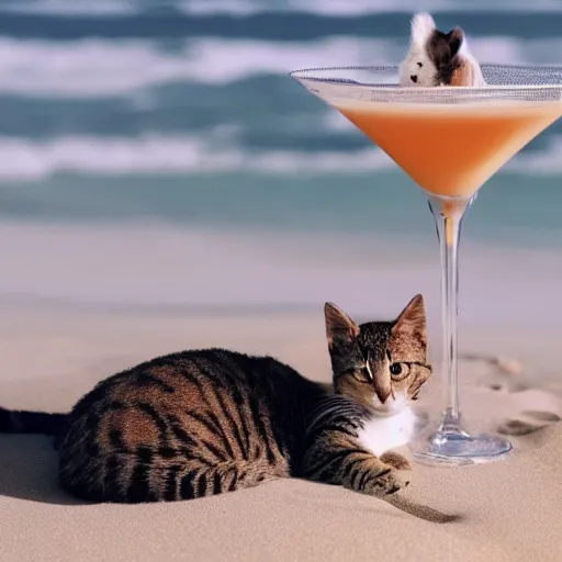 Image similar to photo of an anthropomorphic cat chilling out on the beach and sipping a martini