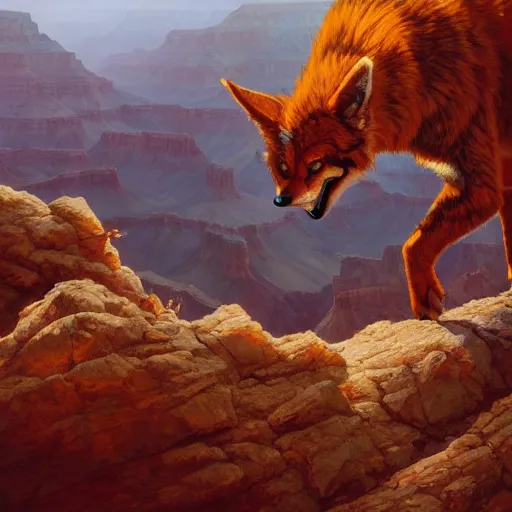 Prompt: Red Tiger Coyote Hybrid collar wearing feather crest paws tail eyes furry fuzzy standing atop grand canyon greg rutkowski greg danton tony sart raymond swanland chris foss chris cold christophe norman rockwell young acrylic 4k artstation wikiart wikipedia realism tilt-shift aspca national geographic