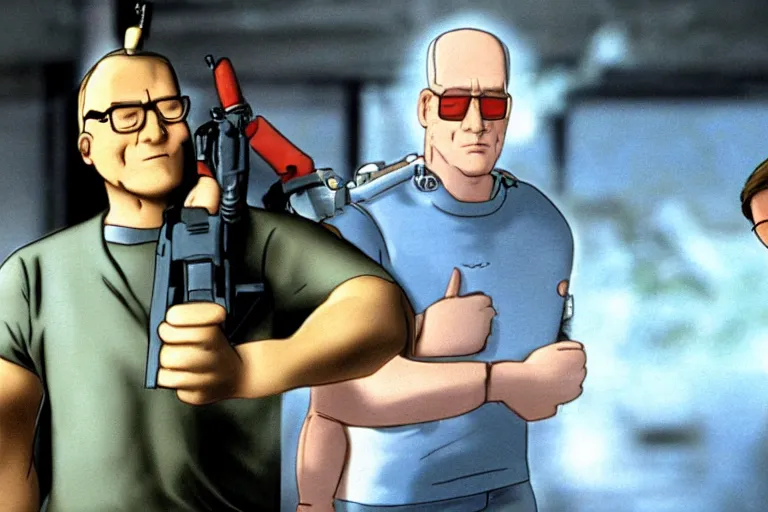 Image similar to hank hill from king of the hill as a terminator, protecting bobby hill as john connor, movie still, from the movie terminator 2 judgement day, 8 k, cinematic lighting