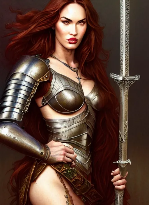 Image similar to portrait of megan fox as a knight, medival armor, redhead, sword, dark ages, intricate, headshot, highly detailed, digital painting, artstation, concept art, sharp focus, cinematic lighting, illustration, art by artgerm and greg rutkowski, alphonse mucha, cgsociety