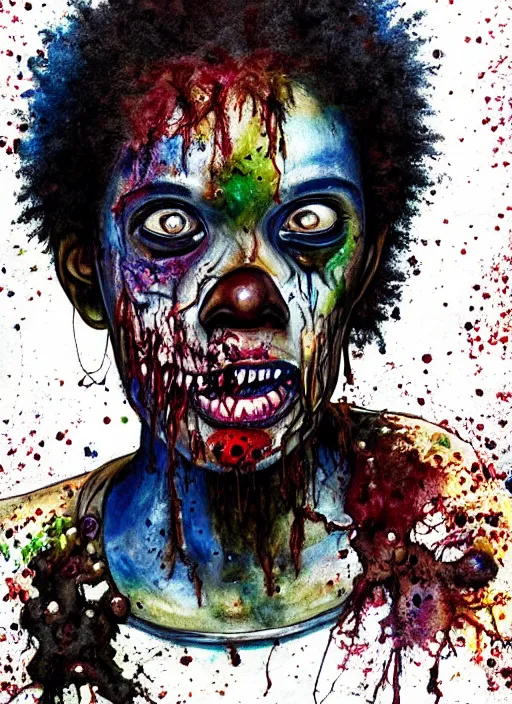 Image similar to african american zombie hollywood artwork professional acting headshot, hyperrealism, intricate detail, studio lighting, charming expression gesicht, hauntingly beautiful zombie, watercolor art, epic, legendary, drawn and painted, colored layers, dulled contrast, exquisite fine art, splatterpaint