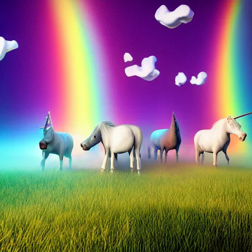 Prompt: A herd of unicorns dancing on a rave in a graveyard under a rainbow in the sky, octane render in the style of Salvador Dali