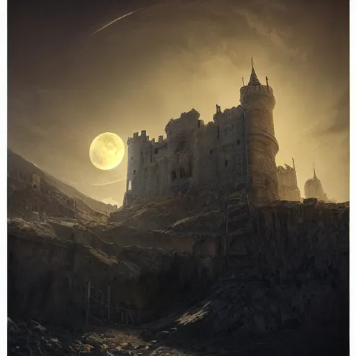 Image similar to hyperrealist portrait of a medieval castle on the Moon by Cedric Peyravernay, highly detailed, excellent composition, cinematic concept art, dramatic lighting