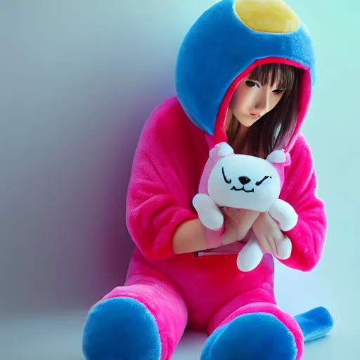 Image similar to cute fumo plush of a girl in a onesie, anime girl, vray