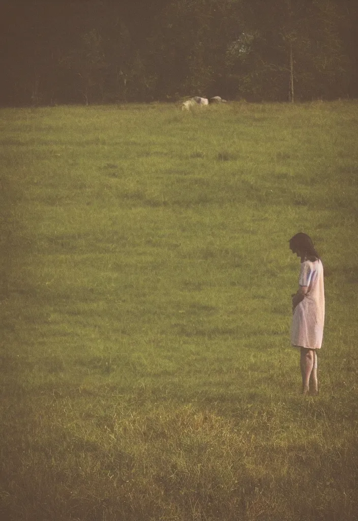 Prompt: “ a sad woman standing in a pasture ”