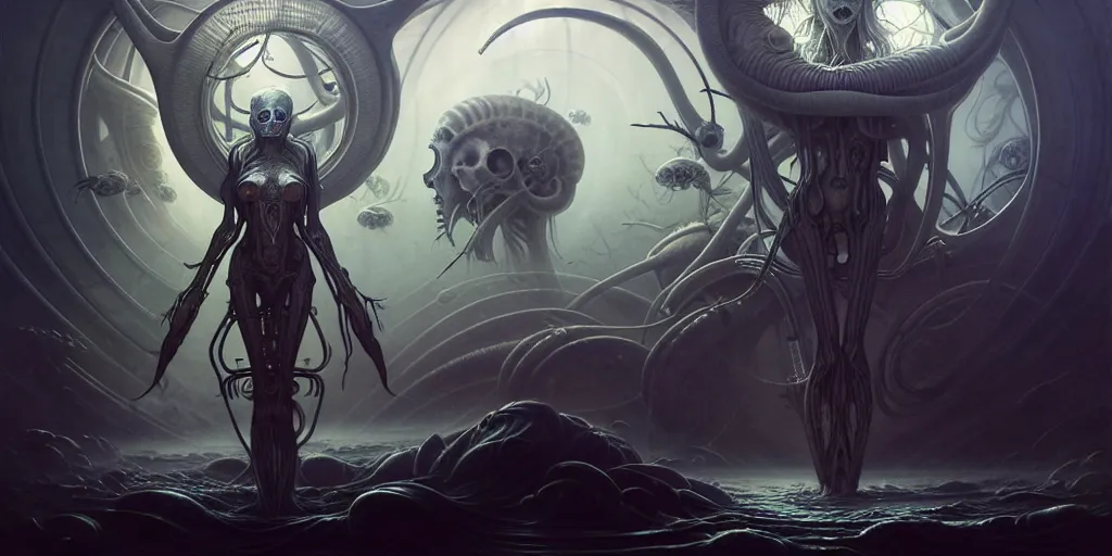Image similar to shkkeled in the voied, by hr giger and cgsociety. stunning goddess of speed charlie bowater and tom bagshaw, insanely detailed, artstation, space art. atoms surrounded by skulls and spirits deep under the sea, horror, sci - fi, surrealist painting, by peter mohrbacher anato finnstark