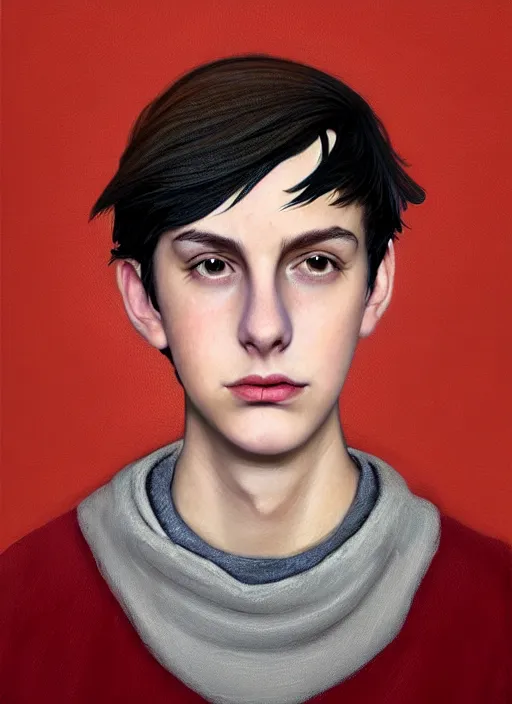 Image similar to portrait of teenage jughead jones wearing a light grey crown, photorealistic, crown, eyes closed, crown, black hair, sweater with letter s on it, letter s, intricate, elegant, glowing lights, highly detailed, digital painting, artstation, concept art, smooth, sharp focus, illustration, art by wlop, mars ravelo and greg rutkowski