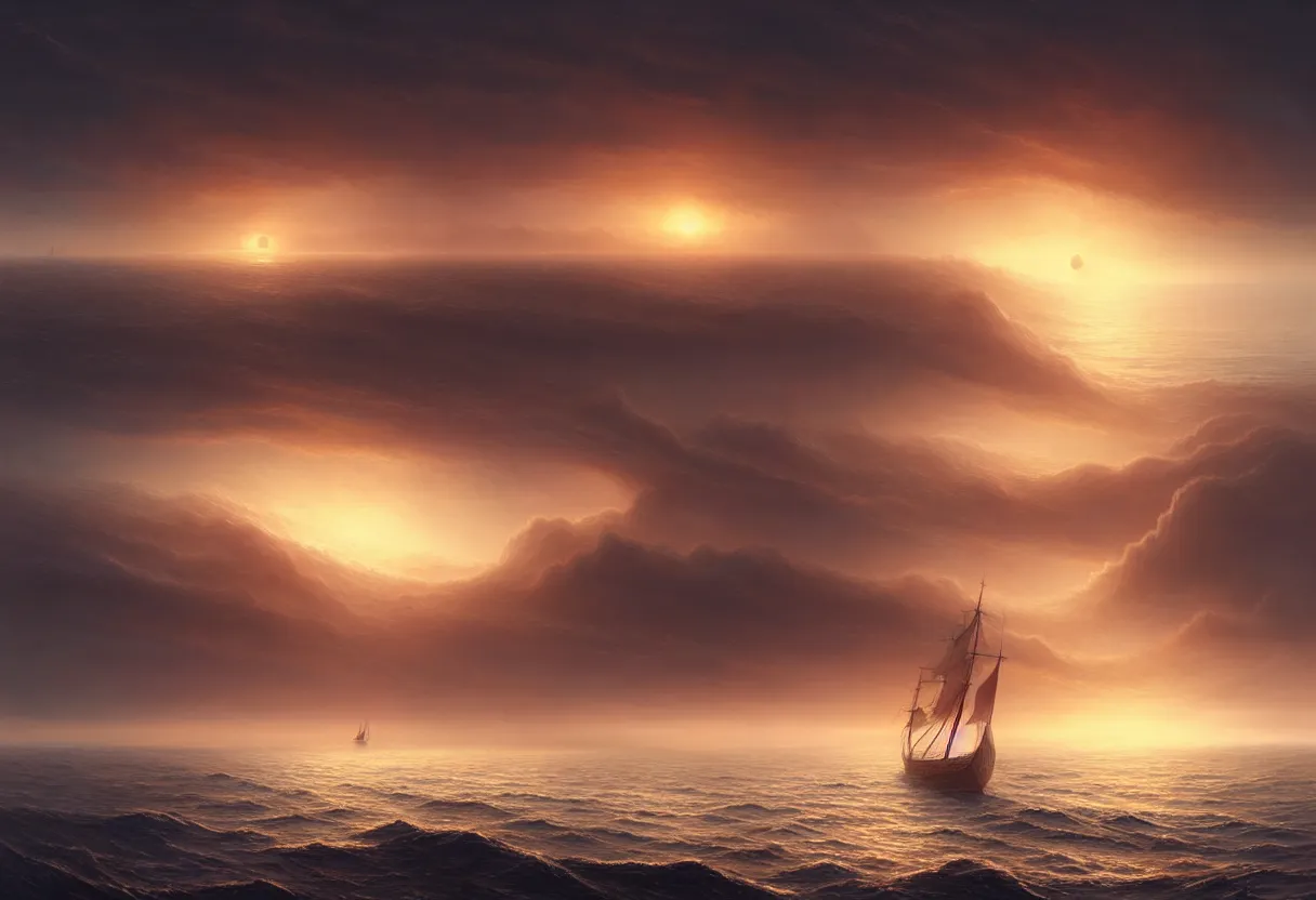 Image similar to strange sea surface of autumn planet at sunset, sailing ship on horizon, ultra high definition, ultra detailed, symmetry, fog, matte painting, by greg rutkowski and ross tran and wlop