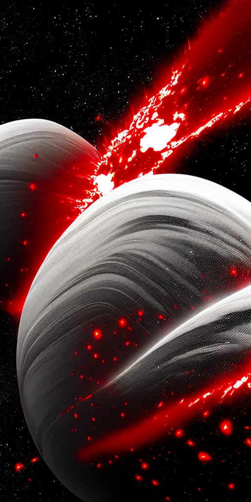 Image similar to black white red, graphic design banner of an exploding raving planet by zhelong xu, hyperrealistic, graphics