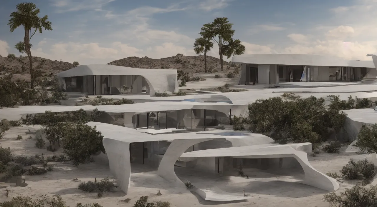 Image similar to a modern house design sitting in the middle of the desert, unreal engine, zaha hadid, tom wright, ludwig mies van der rohe architectural designs, strong colors, octane render, 4 k