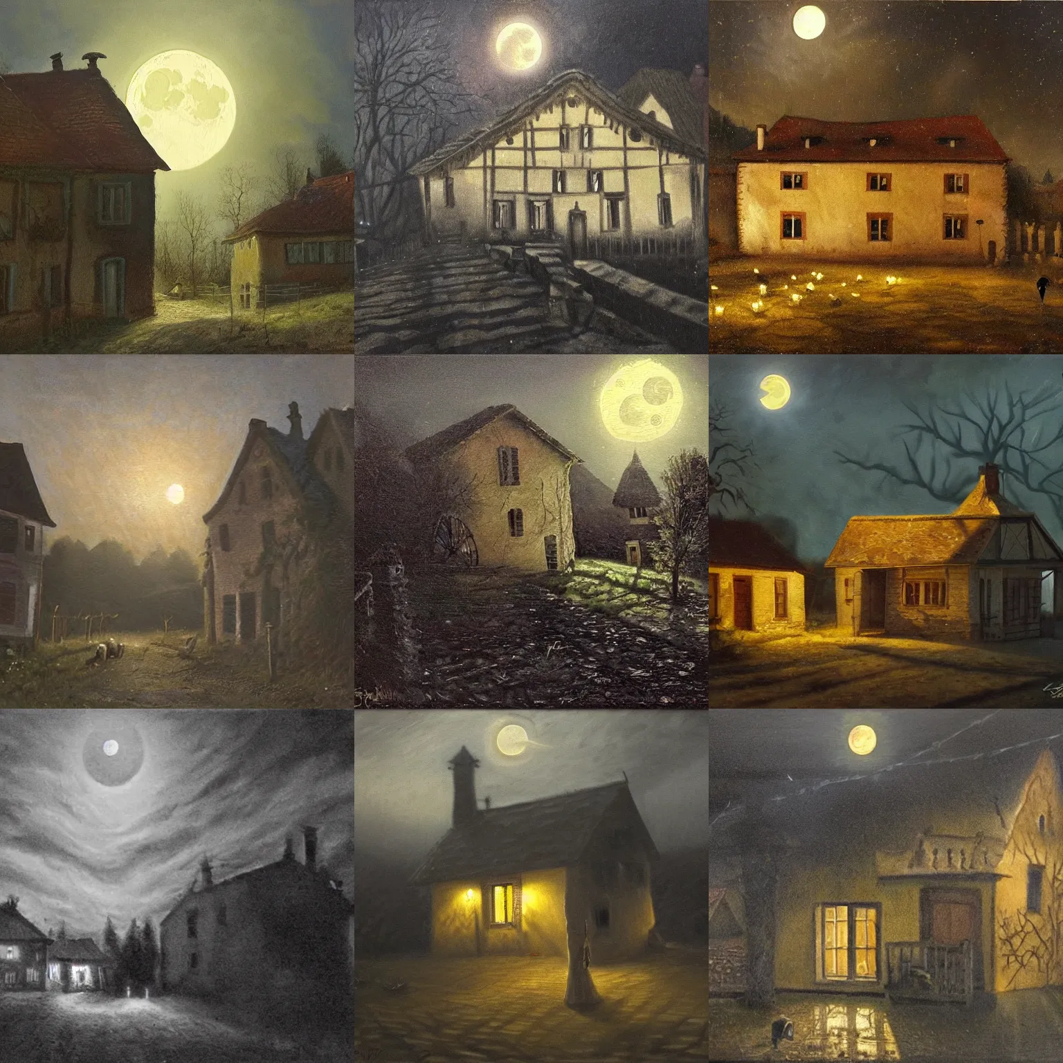 Prompt: a 1 9 th century, old hungarian village house and a frightening ghost. atmoshperical, midnight, moon lighting, realistic, highly detailed, shadows, mysterious, oil canvas, landscape by szinyei merse pal, mednyanszky laszlo, meszoly geza, and lotz karoly