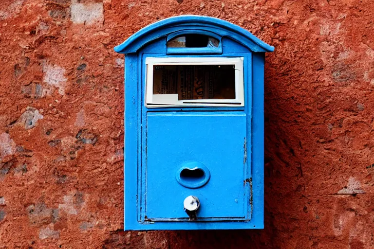 Prompt: A blue letter box in a old neighborhood, mid day, realistic shot, taken with a Leica camera, bokeh