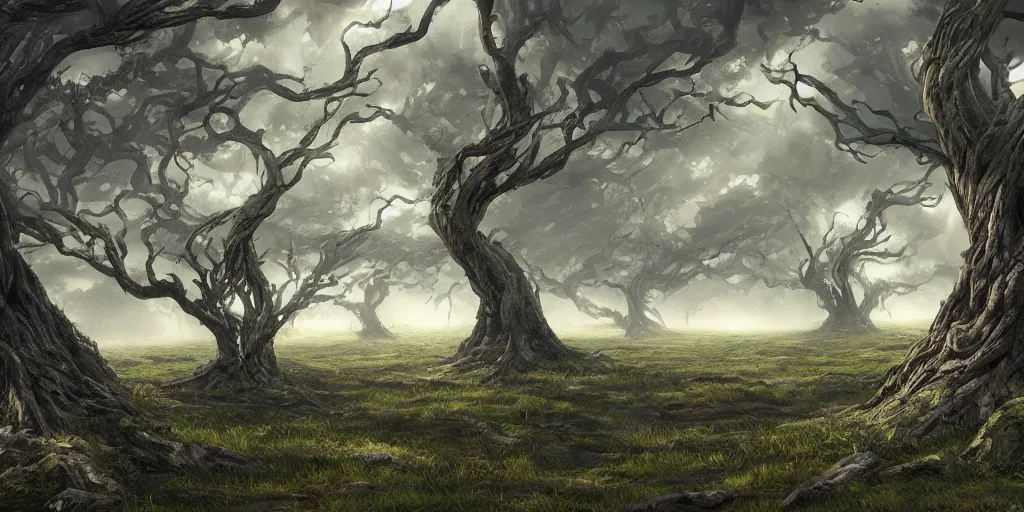 Prompt: swaths of leaned or keeled over windswept trees, no visible soil, high quality fantasy art, 4k