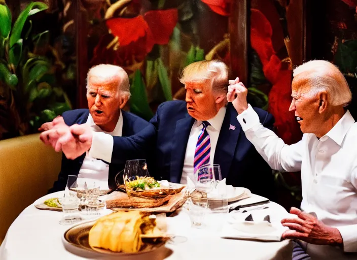 Image similar to Trump and Biden having dinner at a fancy Balinese restaurant, award winning cinematic photography, 50 mm, blurred background, trending on twitter