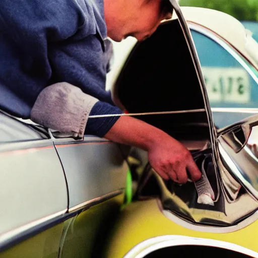 Image similar to a close-up high quality photo of a man about to pump gas into an old Buick, mid day, William Eggleston style