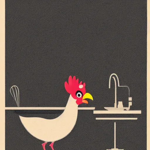 Prompt: fan art of an anthropomorphized hen with a worried expression, wearing an apron, pointing to the kitchen sink