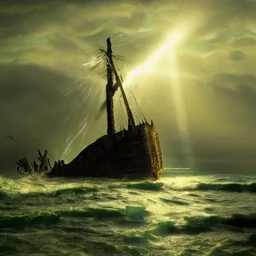 Prompt: wooden shipwreck of old pirate ship on rocks at sea, dramatic lighting, sun beams, god rays illuminating wreck, dark background, gloomy green sea, fantasy art, painting, concept art, oil painting, brushstrokes